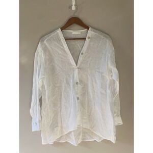 Little Lies Shirt Womens SMALL White 100% Linen Pearl‎ Buttons V Neck Oversized